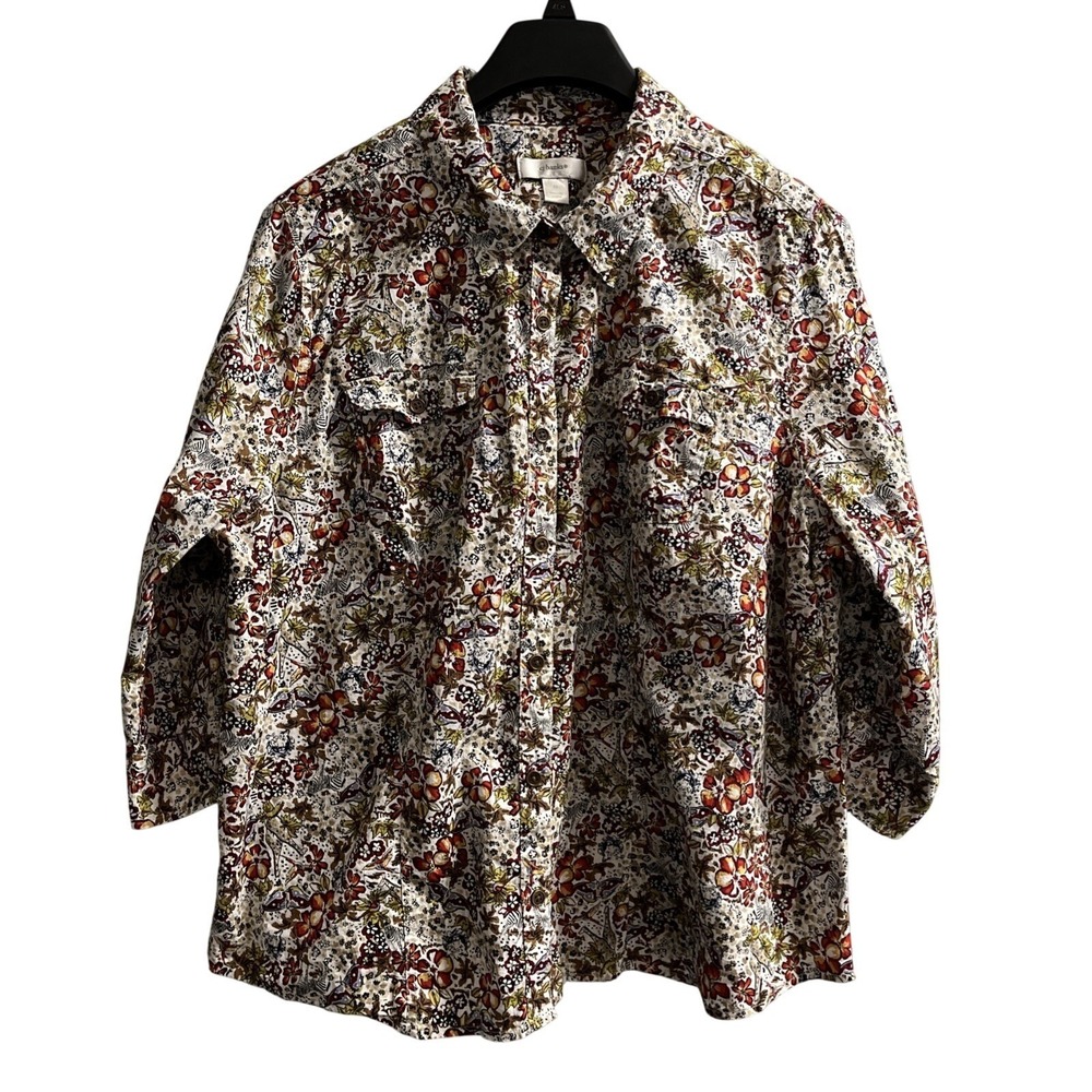 CJ Banks Top Womens 2X Dark Brown Floral Animal Zoo Jungle Button Down‎ Blouse